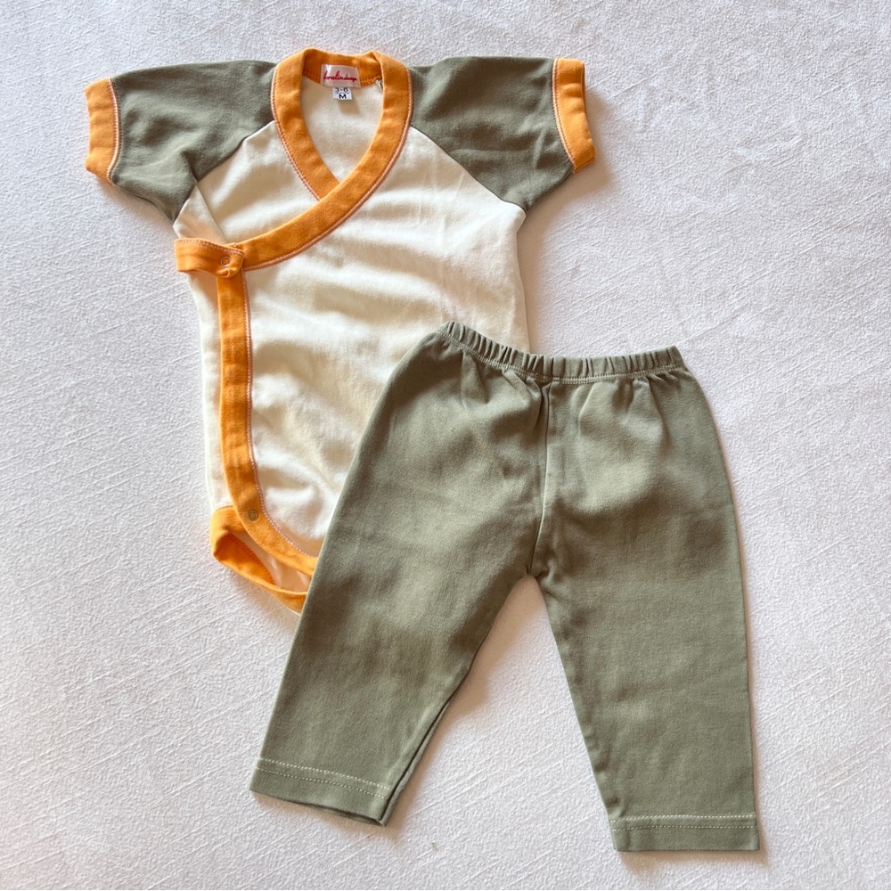 Loralin Design Wrap Bodysuit Outfit, 3-6mo Cream/Orange/Sage Onesie w/Pants NWOT